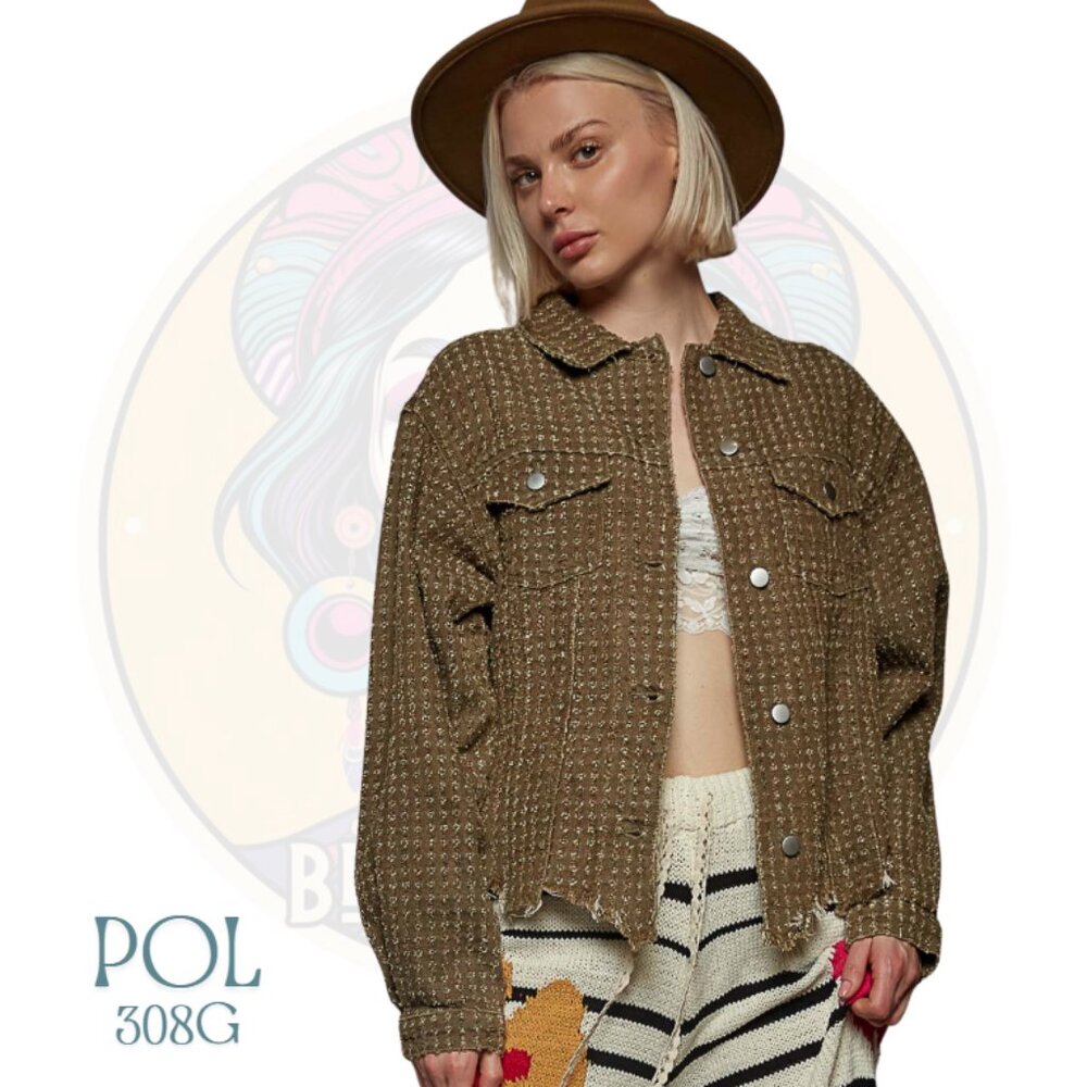 308G POL Olive Brown Washed Laser Textured Distressed Twill Jacket